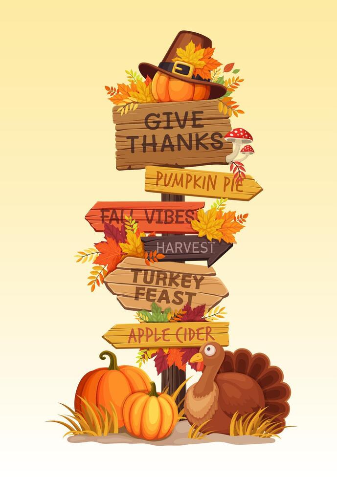 Thanksgiving sign with turkey and pumpkins vector
