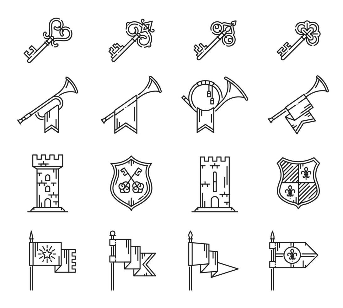 Heraldry line icons, horns, castle keys and flags vector