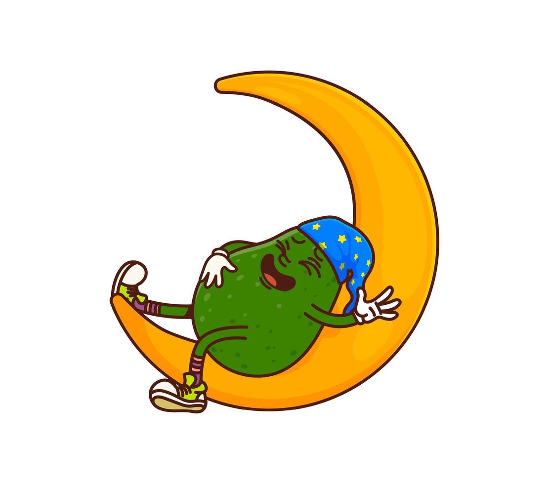 Cartoon groovy avocado sleeping on moon crescent vector