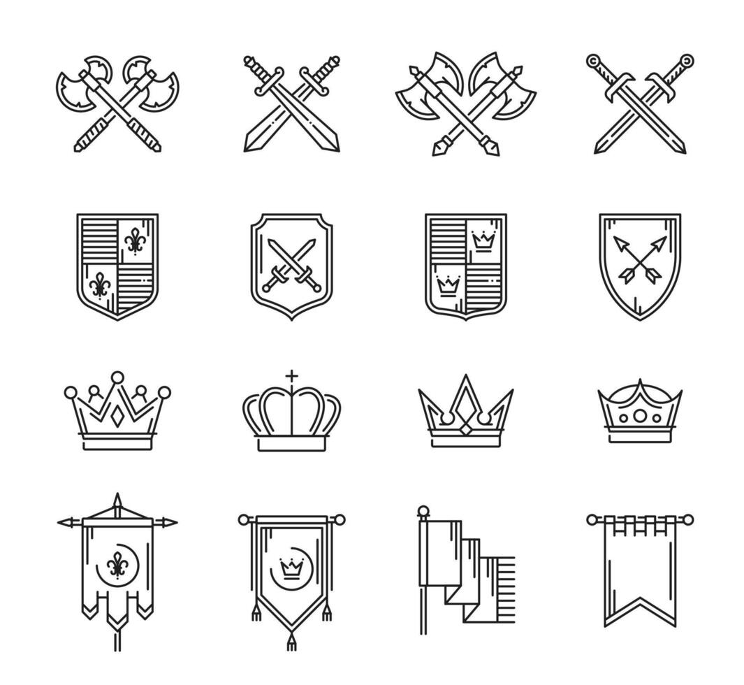 Heraldry line icons, crowns and weapon on shields vector