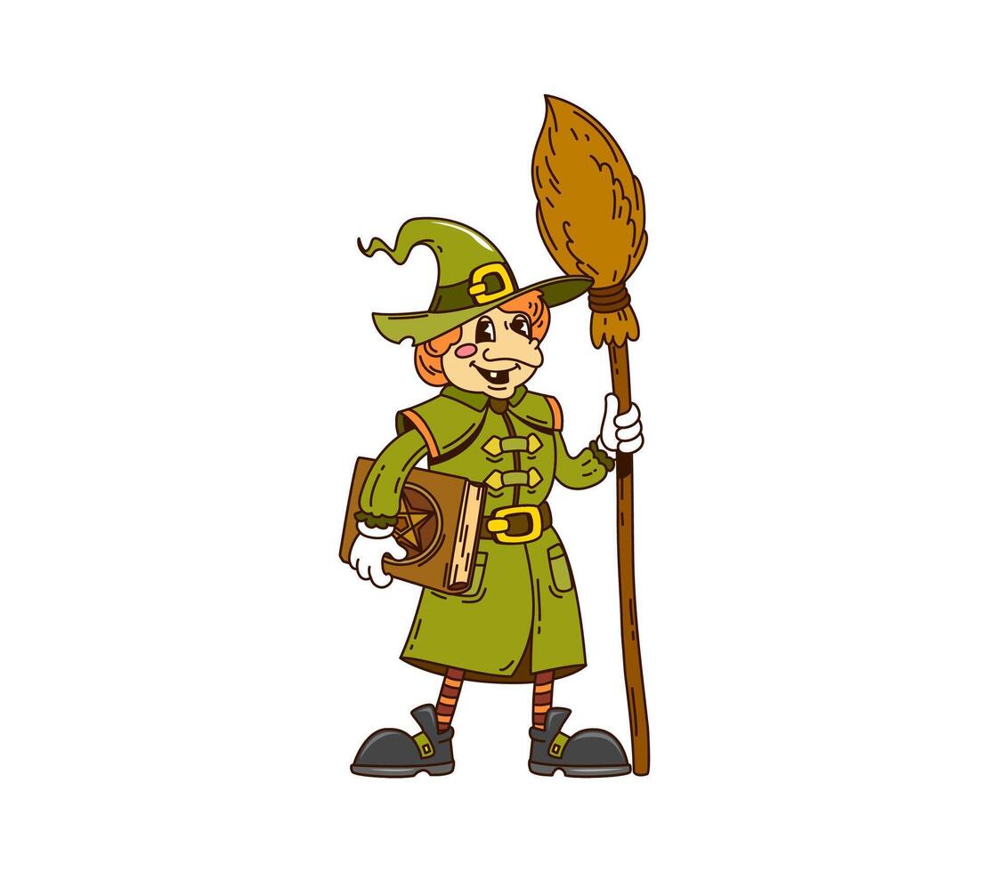 Cartoon groovy Halloween witch funny character vector
