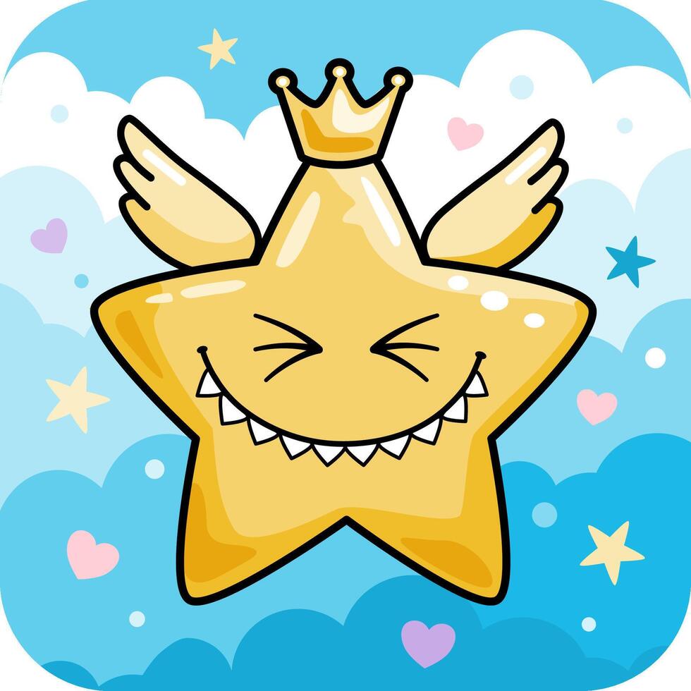 Flying star with crown and wings in blue clouds vector