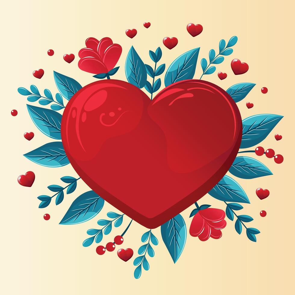 Romantic Red Heart with Leaves and Floral Elements . vector