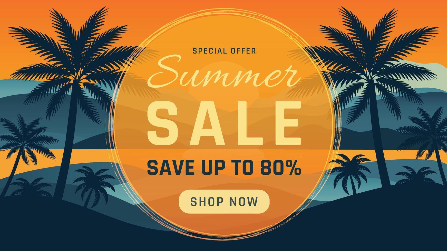 Summer Sale Banner on Sunset Landscape with Palm Trees Illustration. vector