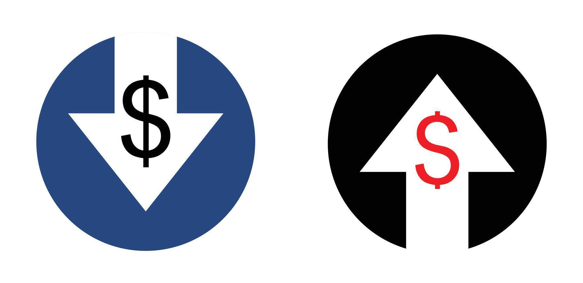 Cost decrease or increase icon. Downward vs upward dollar signs. vector