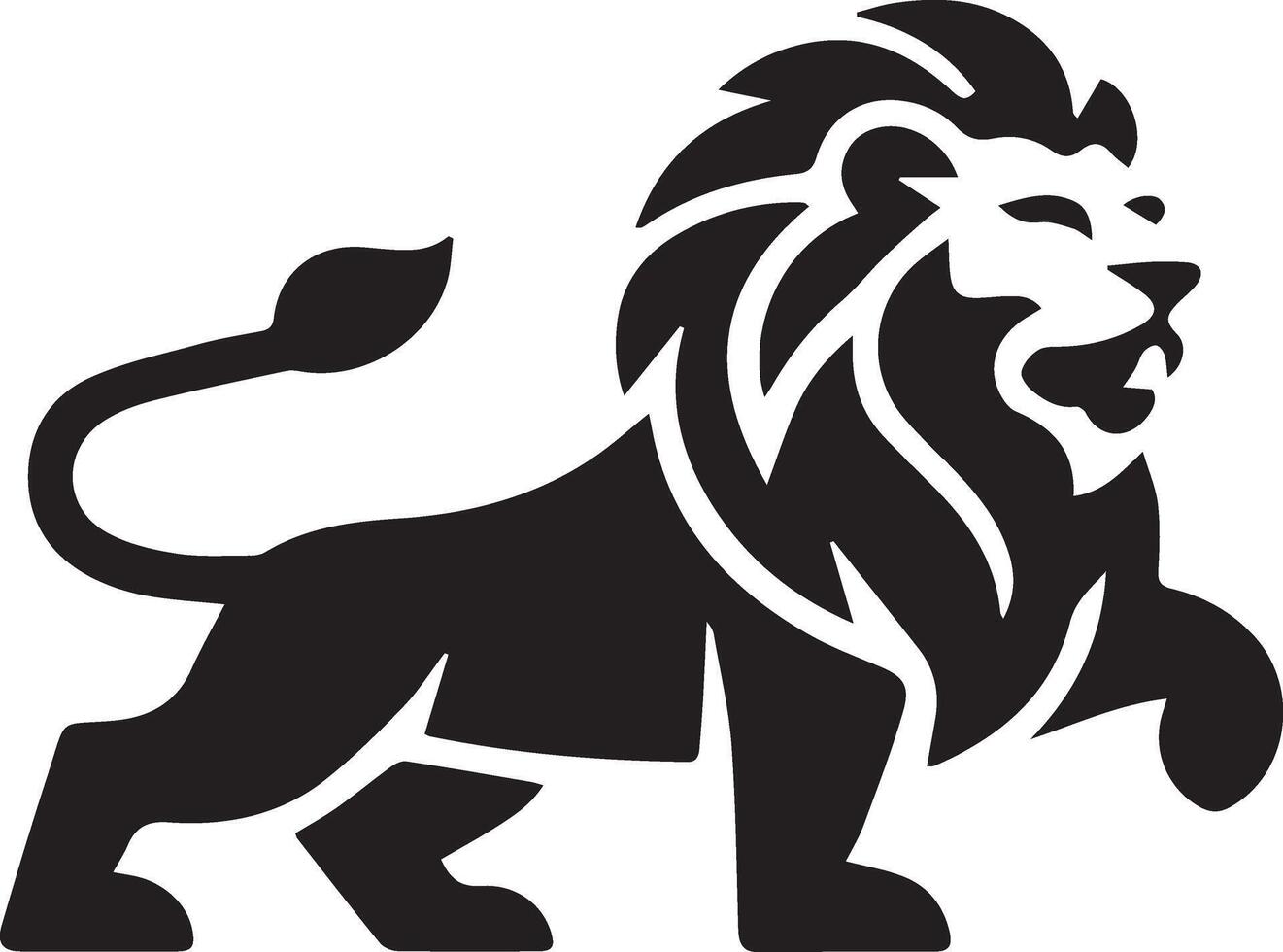 Silhouette of a lion in a stylized, tribal design. The lion is depicted in black against a white background vector