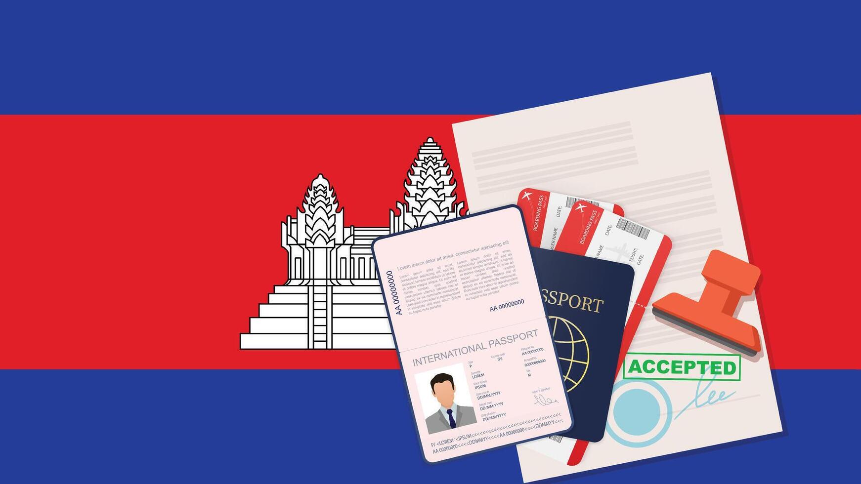 Visa to Cambodia and Passport. Cambodian Flag Background. vector