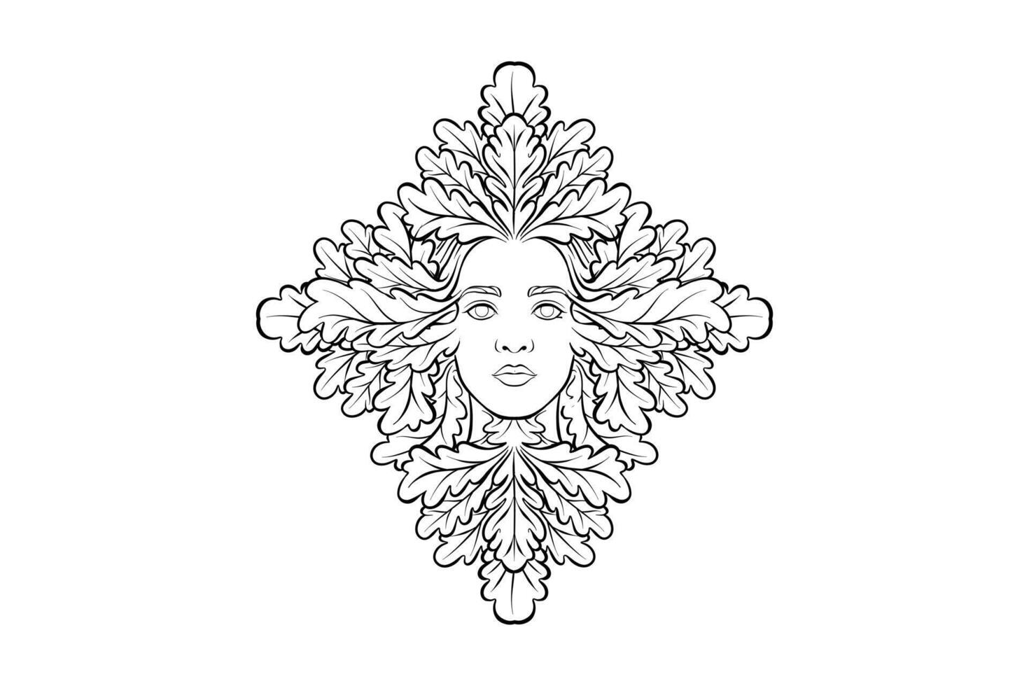 line art illustration of woman's face and oak leaves vector