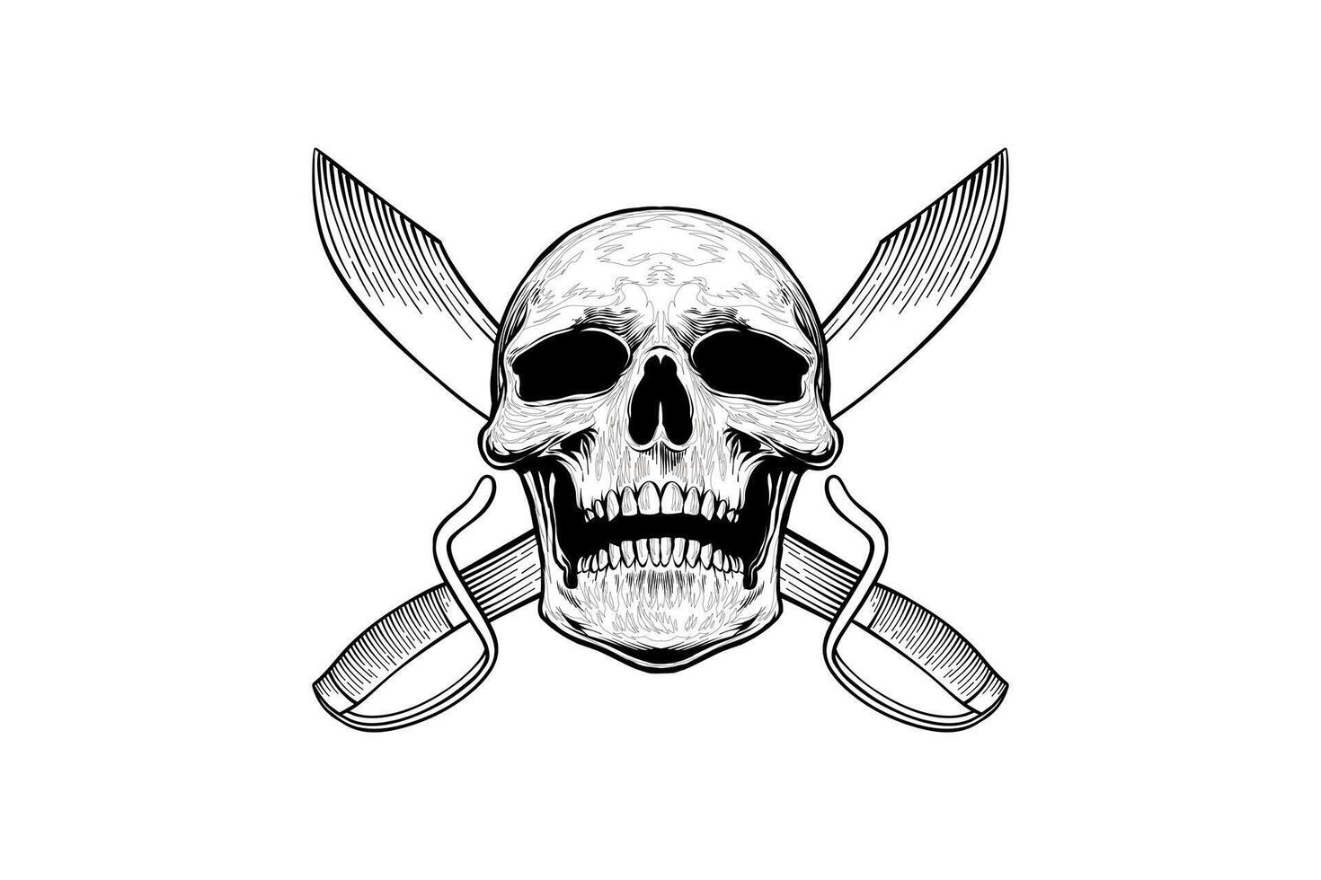 skull and sword line art illustration pirate symbol with engraving style vector