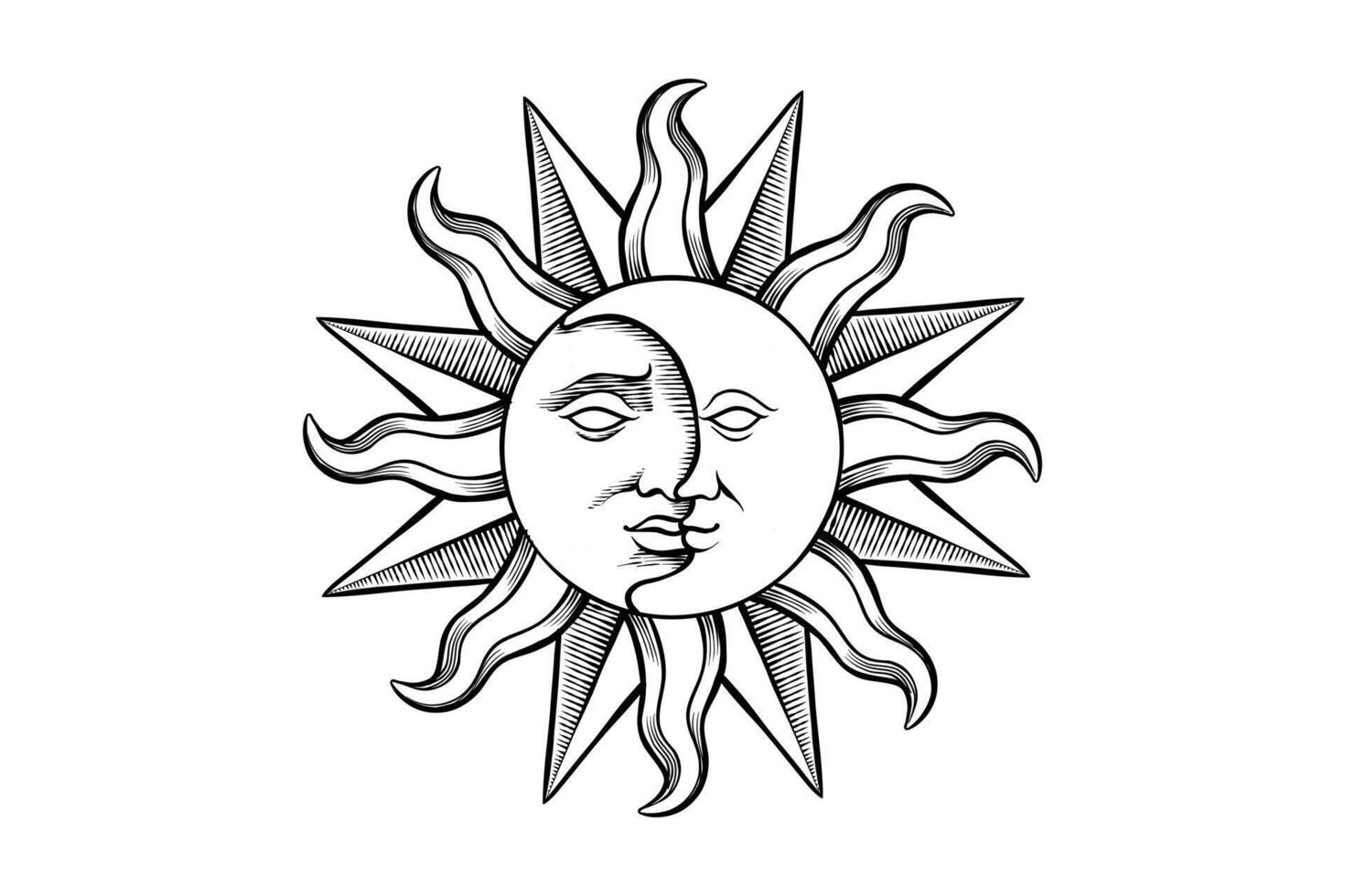 lineart illustration of sun and moon vector