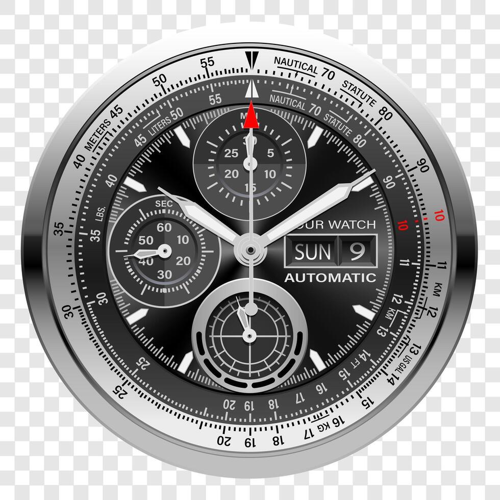 Realistic black silver clock watch face chronograph luxury on white background vector