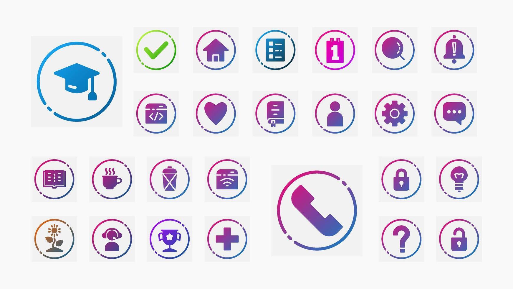 Modern outline icons in gradient style covering education, health, productivity, and mobile UI elements. Ideal for apps and dashboard UI. vector