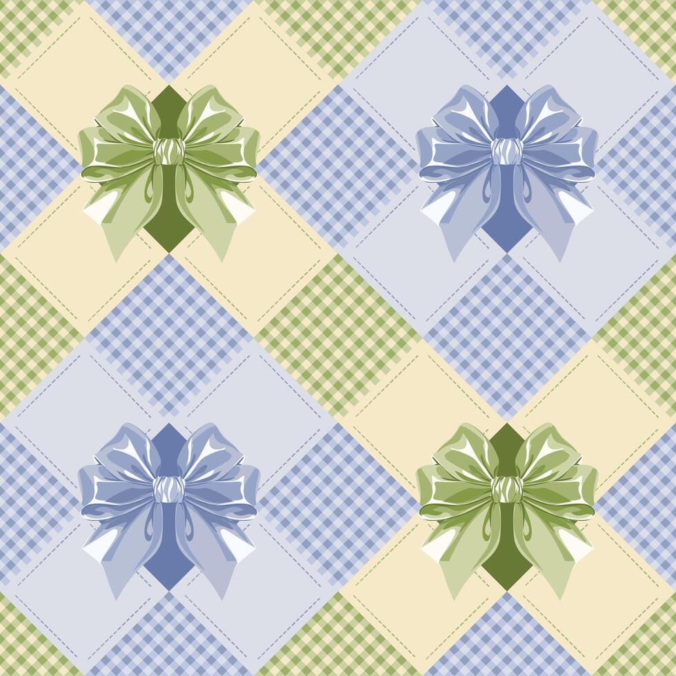 seamless patchwork pattern with a mix gingham check, and hand drawn ribbon bows in soft pastel tones of green, blue, and cream vector