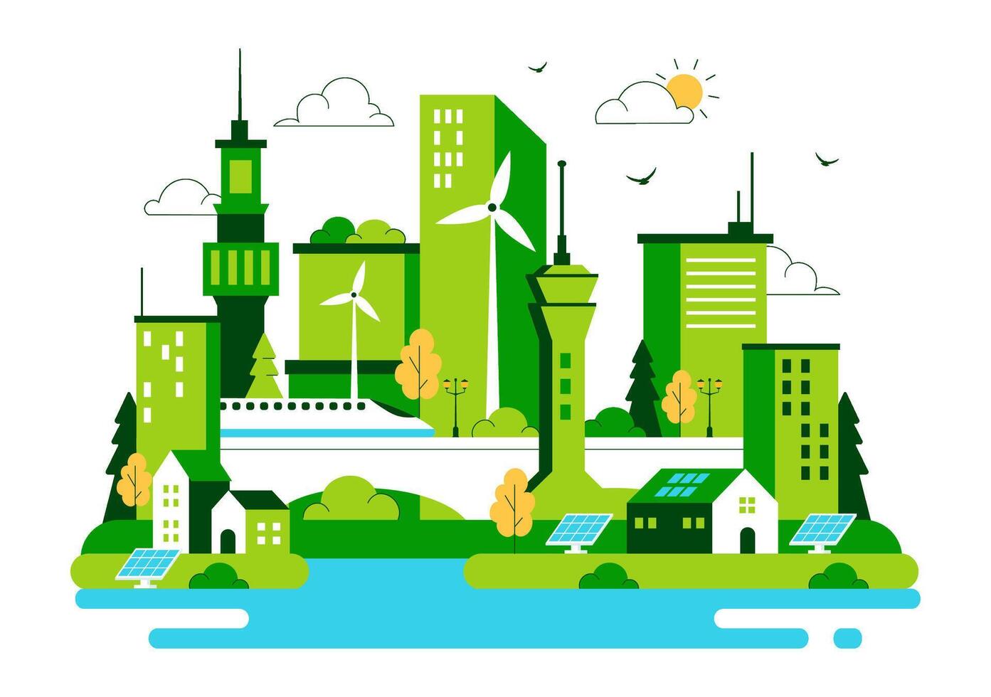 Sustainable City with Eco Buildings, Renewable Energy, and Nature in Urban Design vector