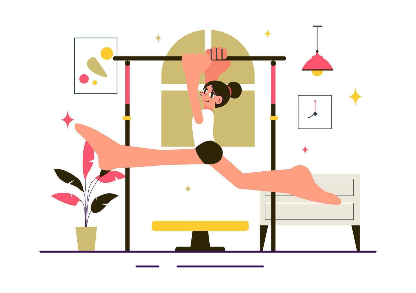 Woman exercising at home with equipment vector