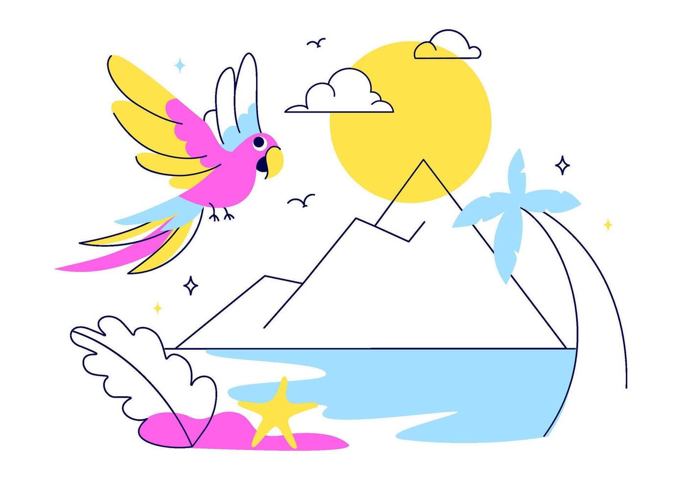 Hello Summer Holiday with Seaside Activities, Sky Blue Background, and Jungle Leaves in Cartoon Style vector