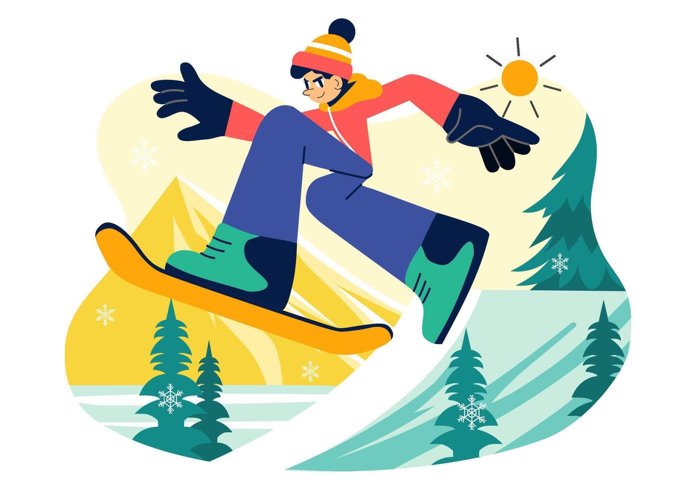 Fun Winter Sports Art with Snowboarding Action on White Slopes and Cold Mountains vector