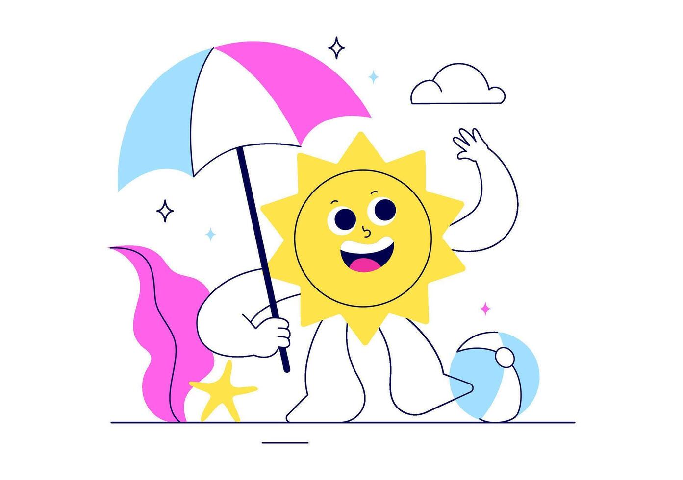 Illustration of Hello Summer Beach Vibes with Ocean, Sky, and Greenery in a Fun Flat Style vector