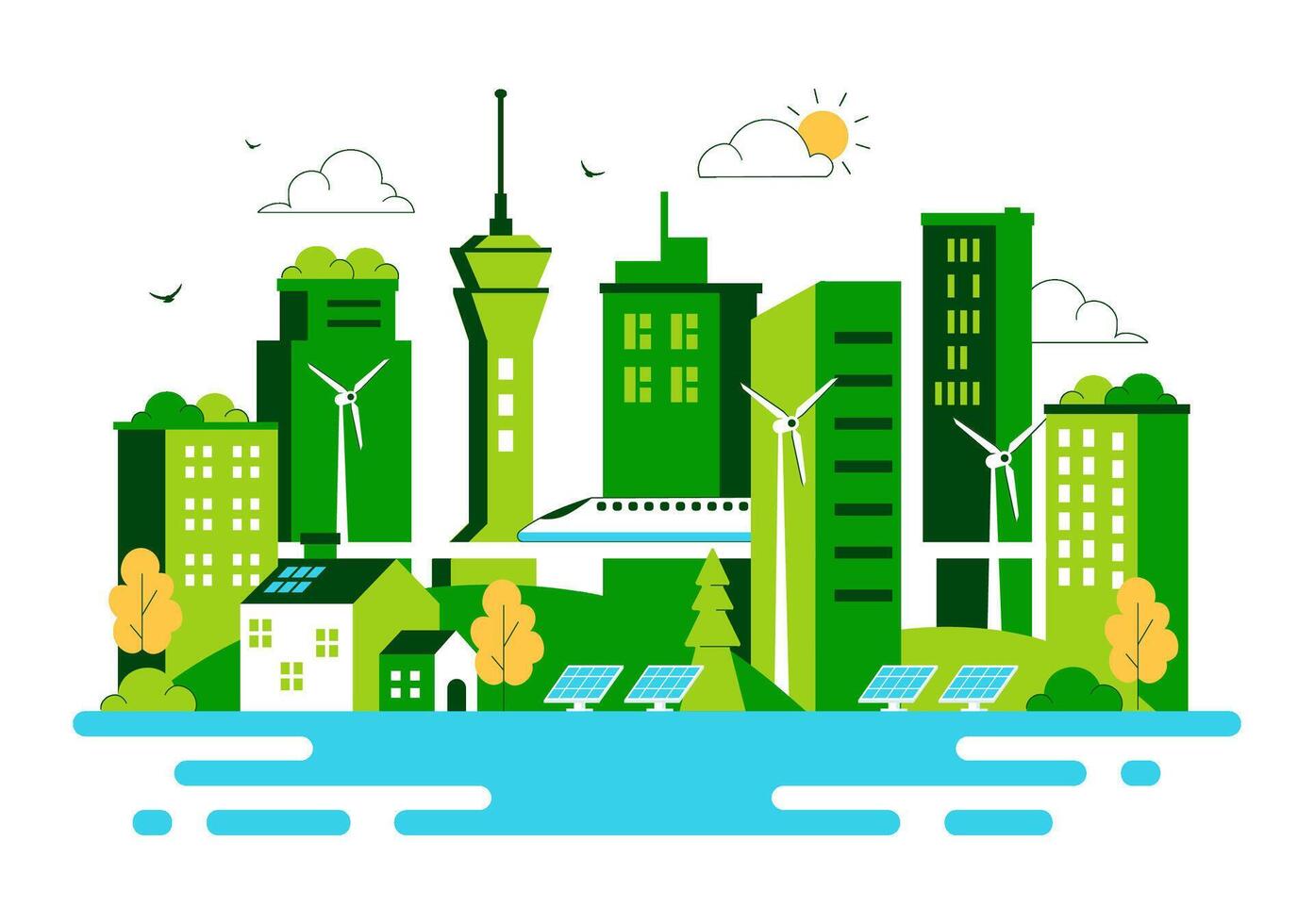 Eco-Friendly City Illustration with Green Architecture and Urban Sustainability in Flat Cartoon Style vector