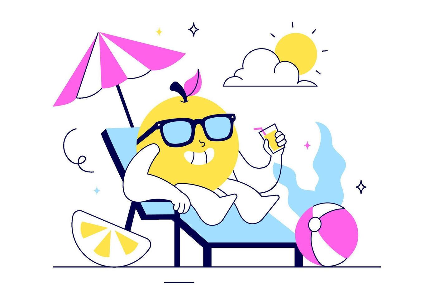Tropical Paradise Summer Illustration Featuring Sea View, Jungle Plants, and Fun Activities in Cartoon Background vector