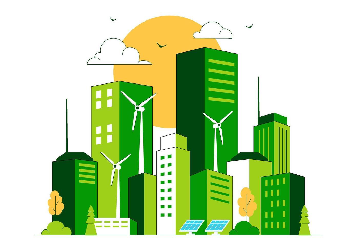 Eco-City Illustration with Sustainable Skyscrapers and Renewable Resources Background vector