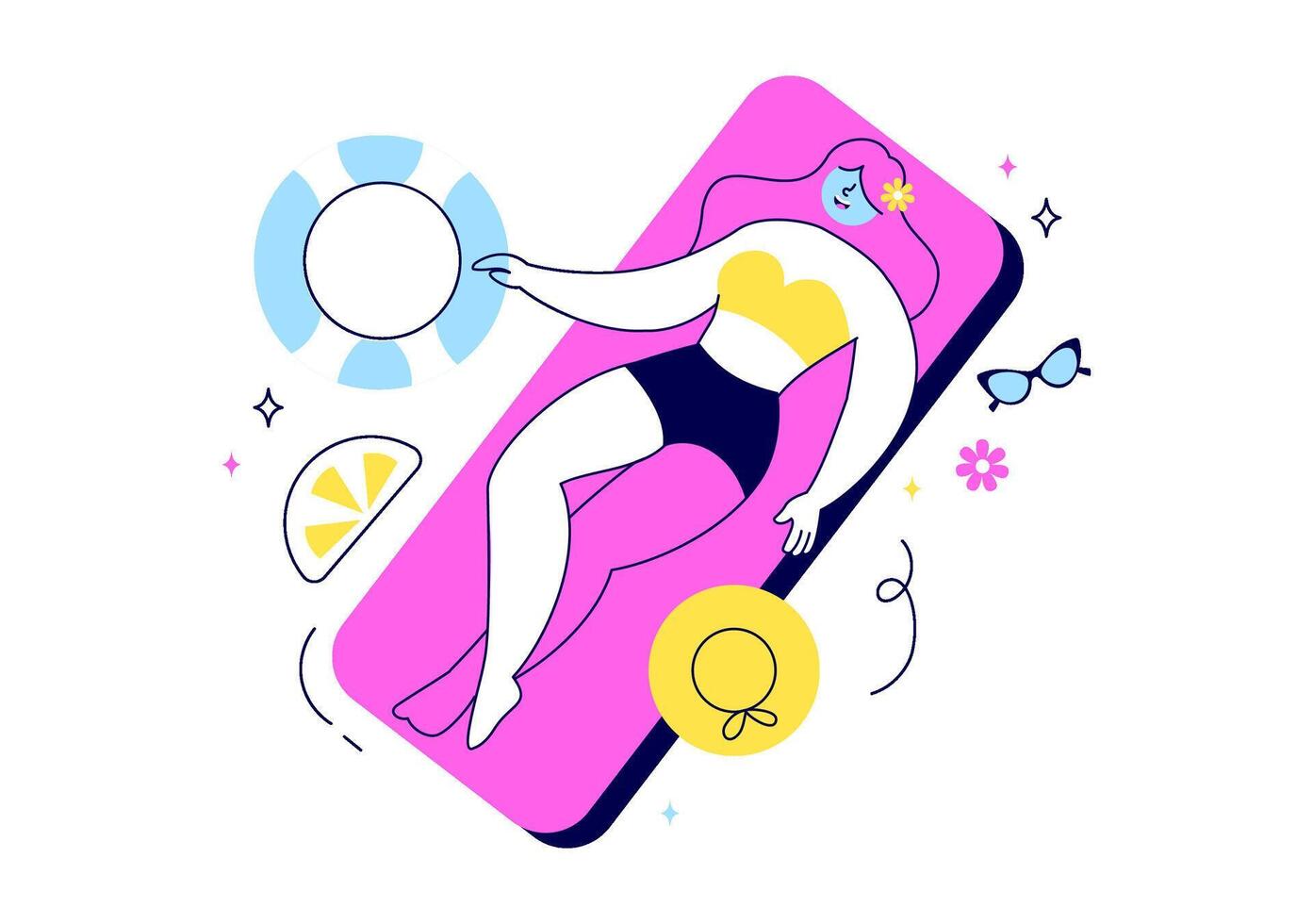 Tropical Beach Vacation with Summer Characters, Sea Horizon, and Lush Jungle Foliage in Flat Cartoon Style vector
