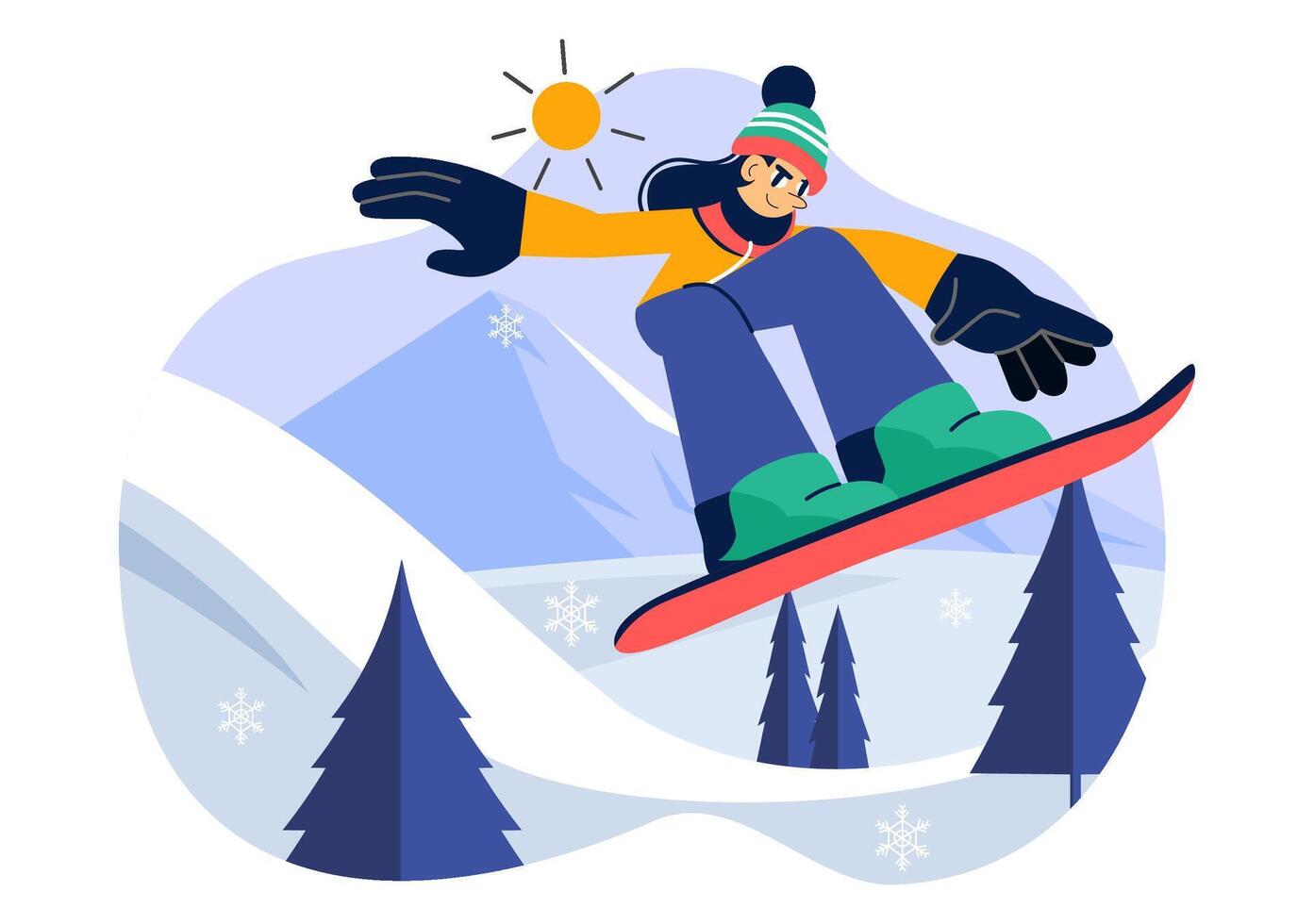 Extreme Snowboarding Art Featuring Riders on Snowy Hills in a Fun Flat Cartoon Background vector