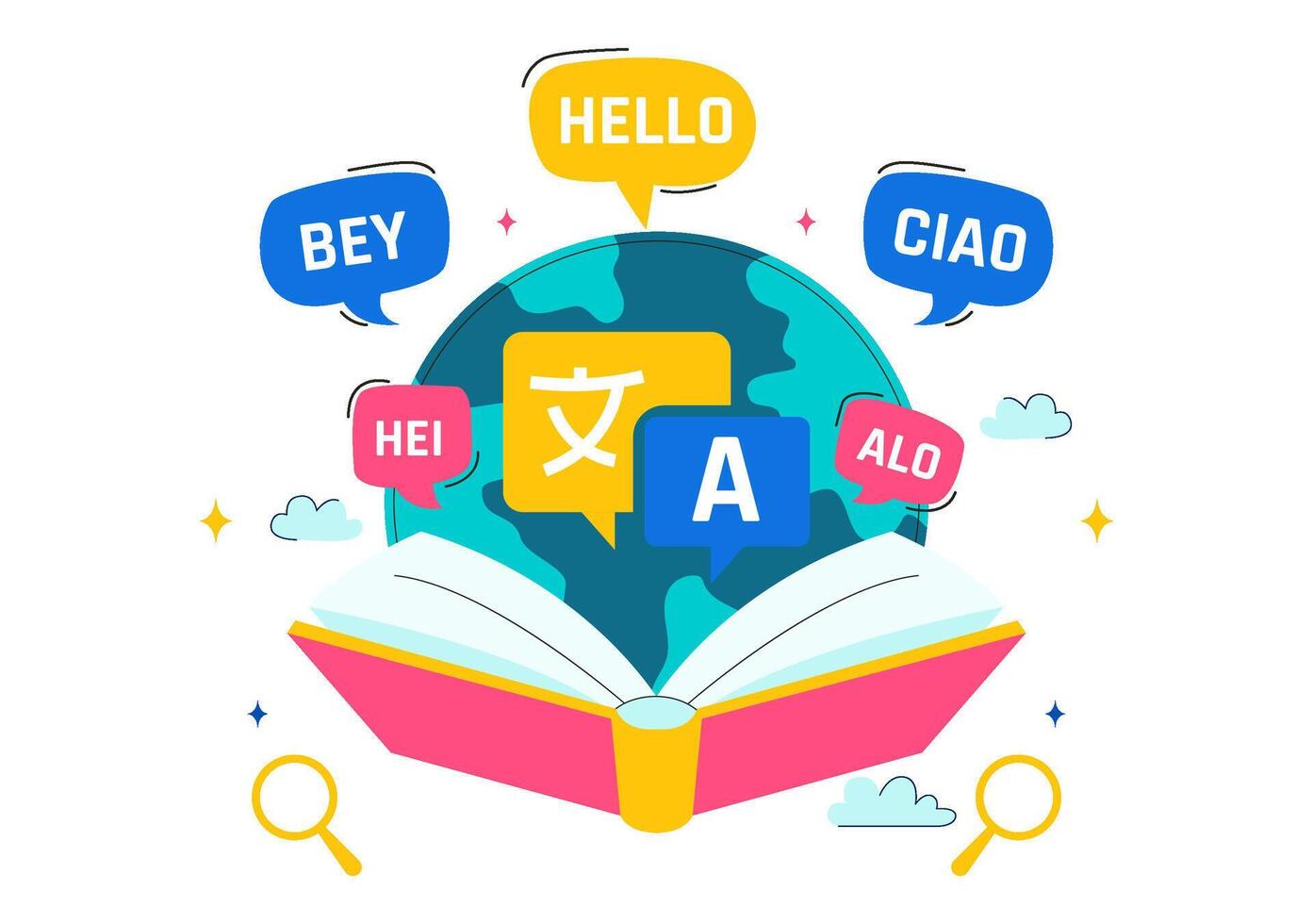 Hello in Many Languages Illustration Celebrating International Translator Day with World Map Background vector