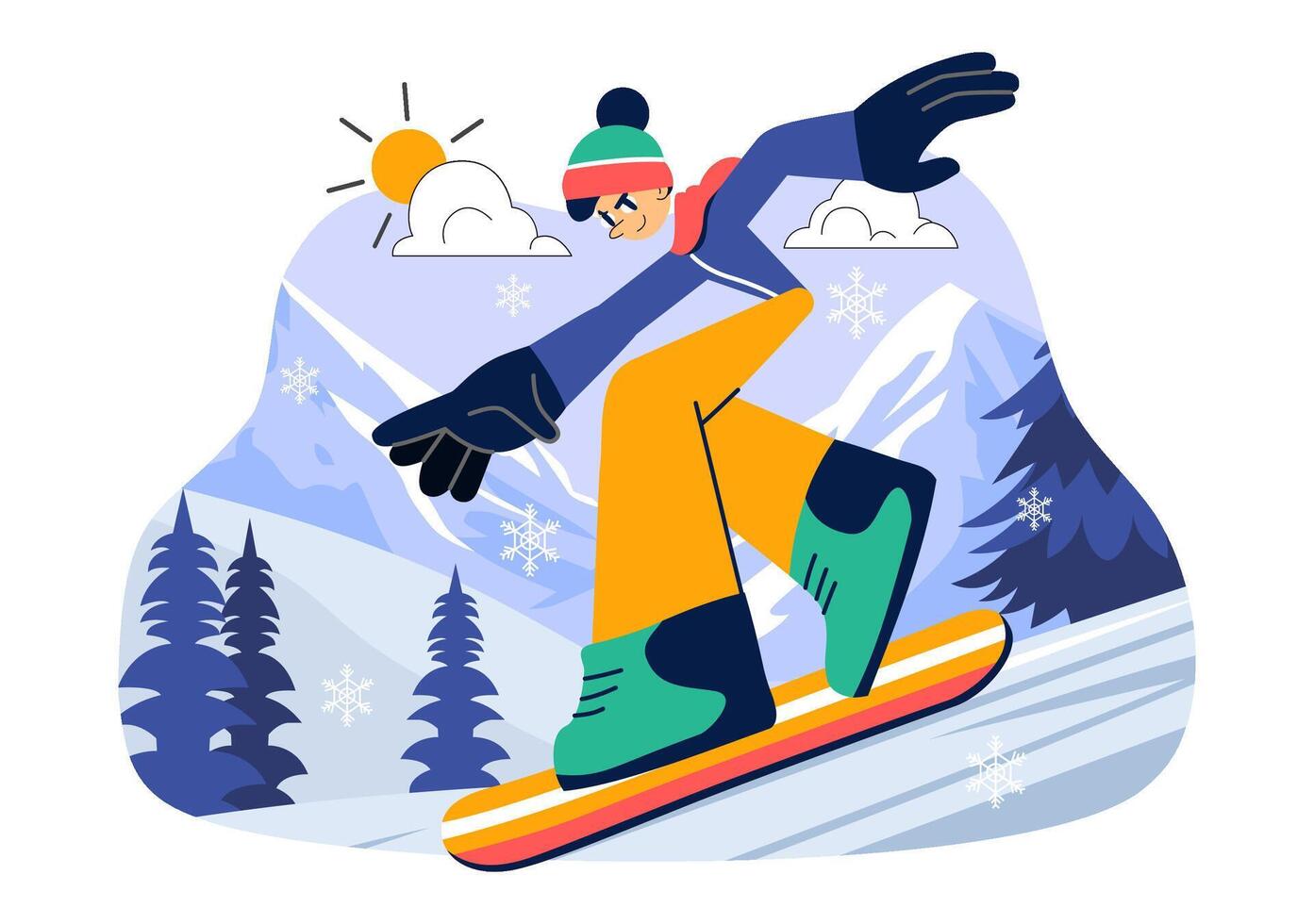 Cartoon Style of Snowboarding Enthusiasts Enjoying Winter Adventures on the Mountains vector