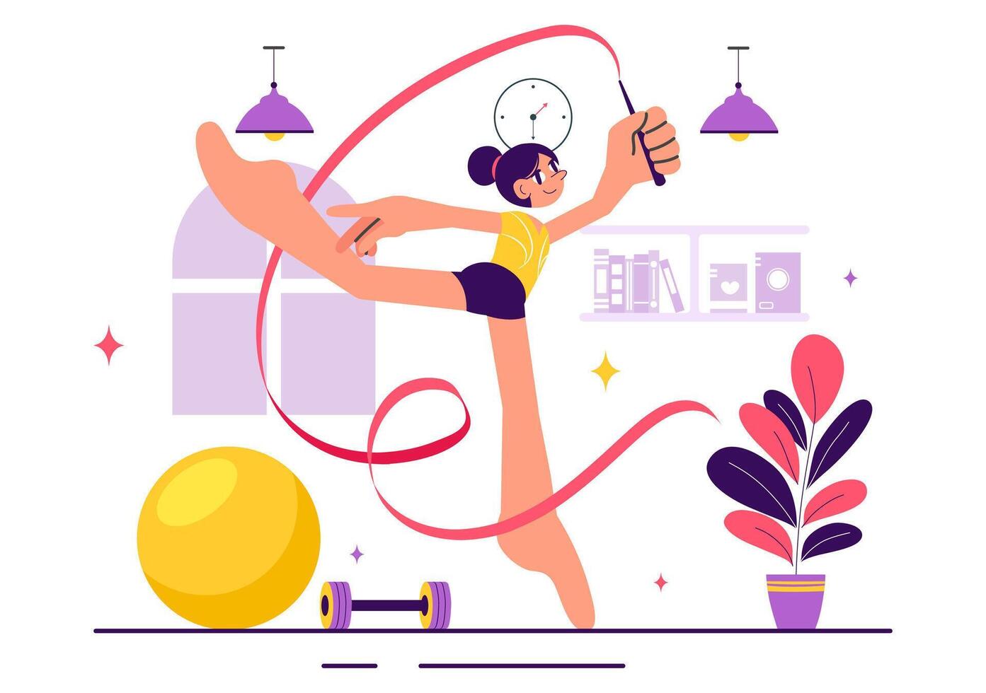 Rhythmic Gymnast Training at Home Showcasing Flexibility and Grace in Cartoon Style vector
