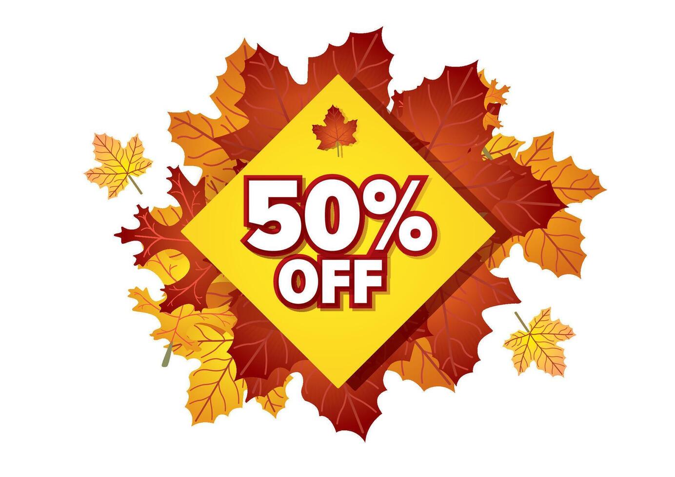 Colorful autumn sale banner featuring a discount of 50 percent highlighted within a diamond shape surrounded by vibrant fall leaves design for promotional purposes vector