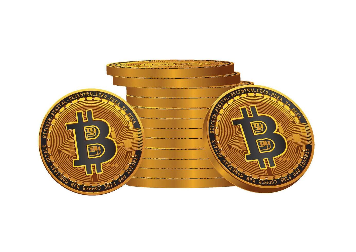 Stack of Bitcoin coins featuring intricate designs, symbolizing the complexity and value of cryptocurrency in digital finance vector