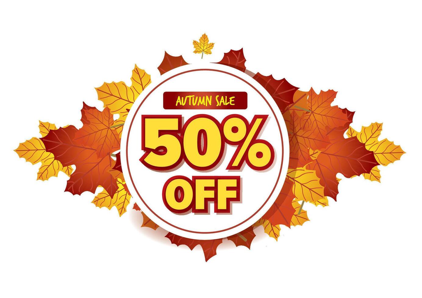Autumn sale banner displaying 50 percent off with colorful fall leaves surrounding it. Seasonal promotional concept vector
