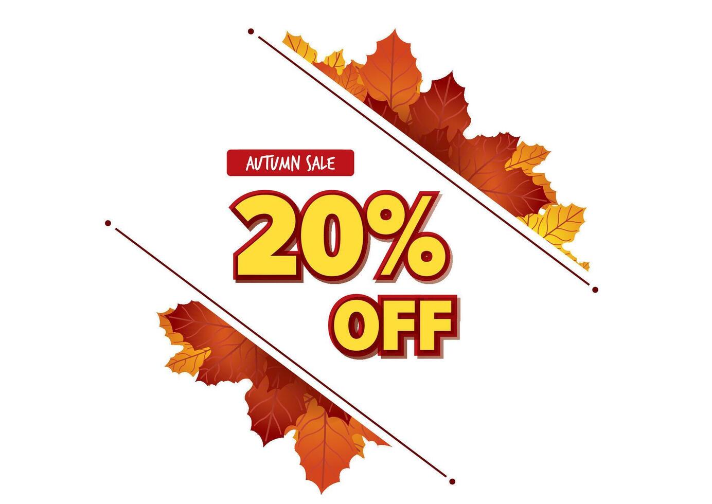 Autumn sale banner indicating 20 percent off with colorful leaves on either side. Seasonal marketing concept vector