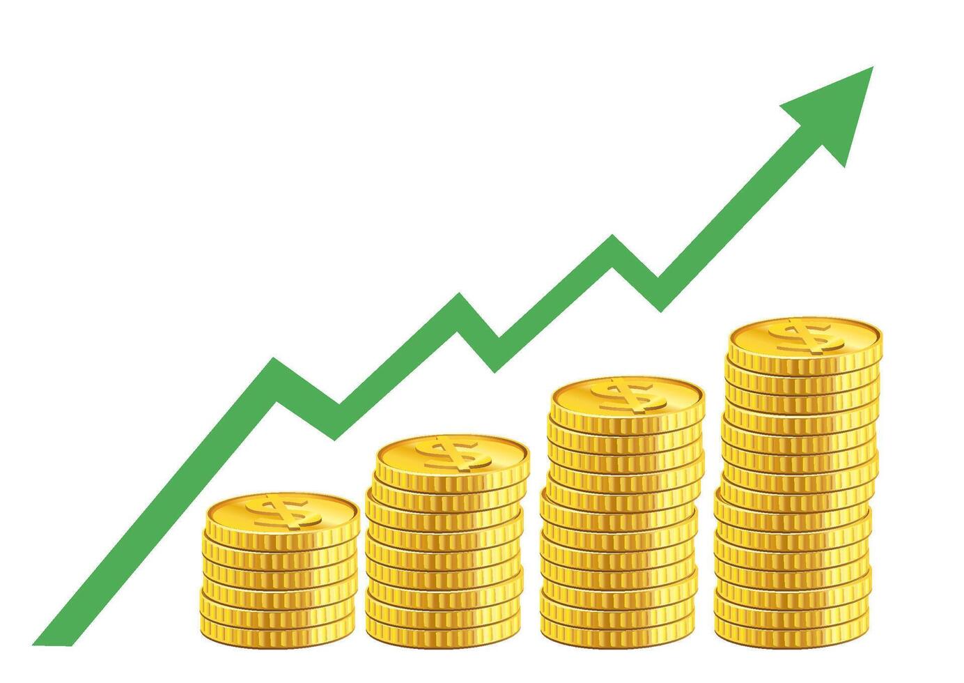 Visual representation of stacked gold coins alongside an upward trend line illustrating financial growth and success in a clear and engaging design concept. vector