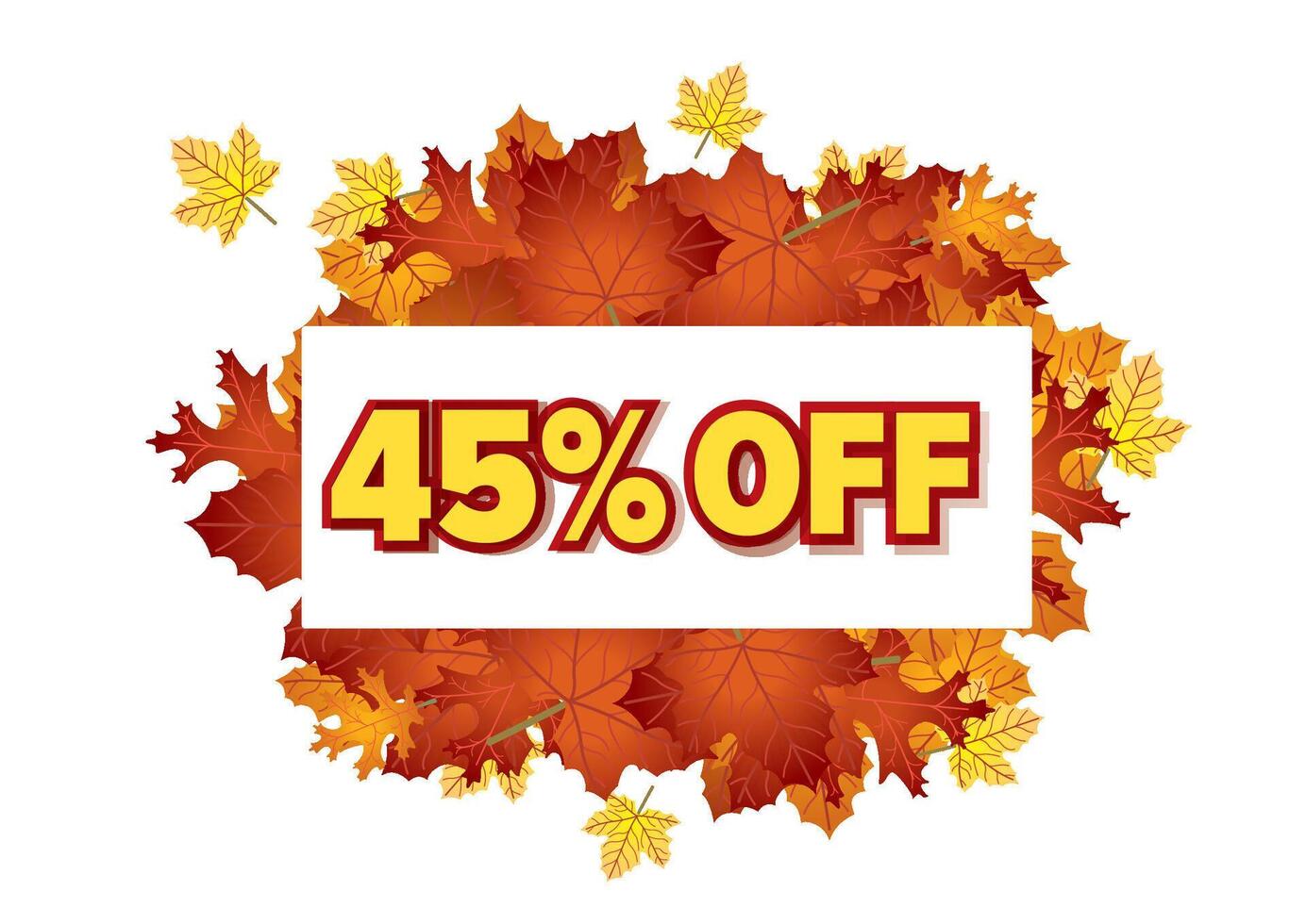 Autumn sale banner showcasing 45 percent off with vibrant leaves framing the centered text. Seasonal marketing concept vector