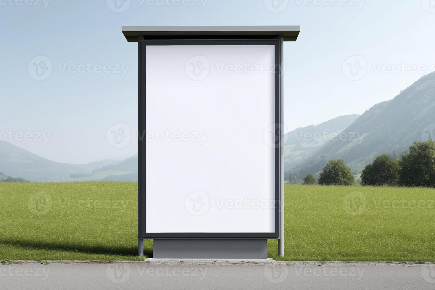 Blank advertising billboard mock up situated in a green field with mountains in the background, providing ample copy space for promotional content and creative designs photo