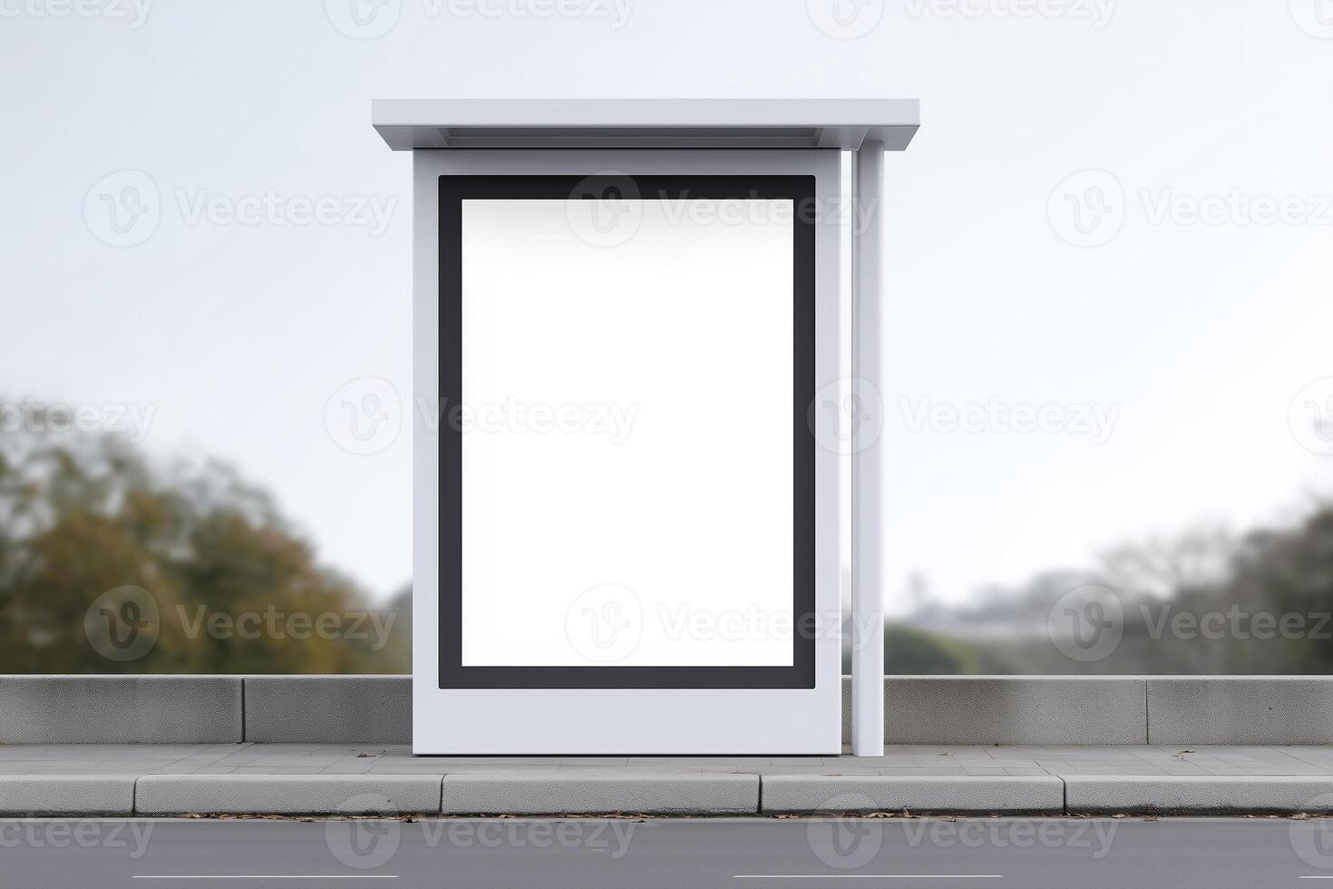 Empty bus stop mock up with blank advertising space, situated along a quiet street, surrounded by trees and soft natural light, ideal for promotional designs and creative projects photo