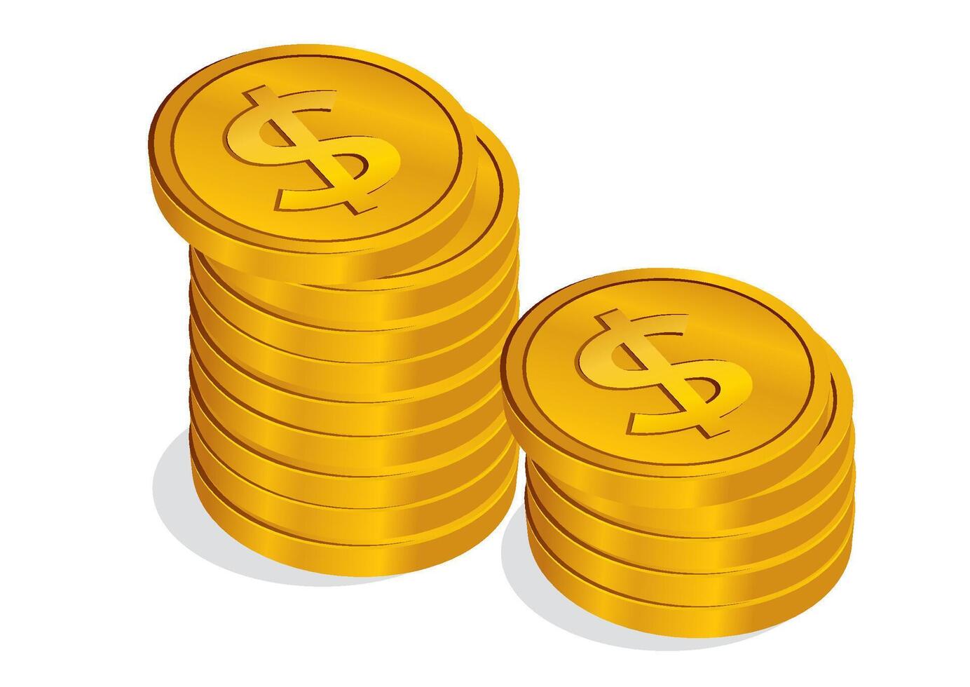 Two stacks of shiny gold coins prominently displaying dollar signs, representing wealth accumulation and financial success on a clean background vector