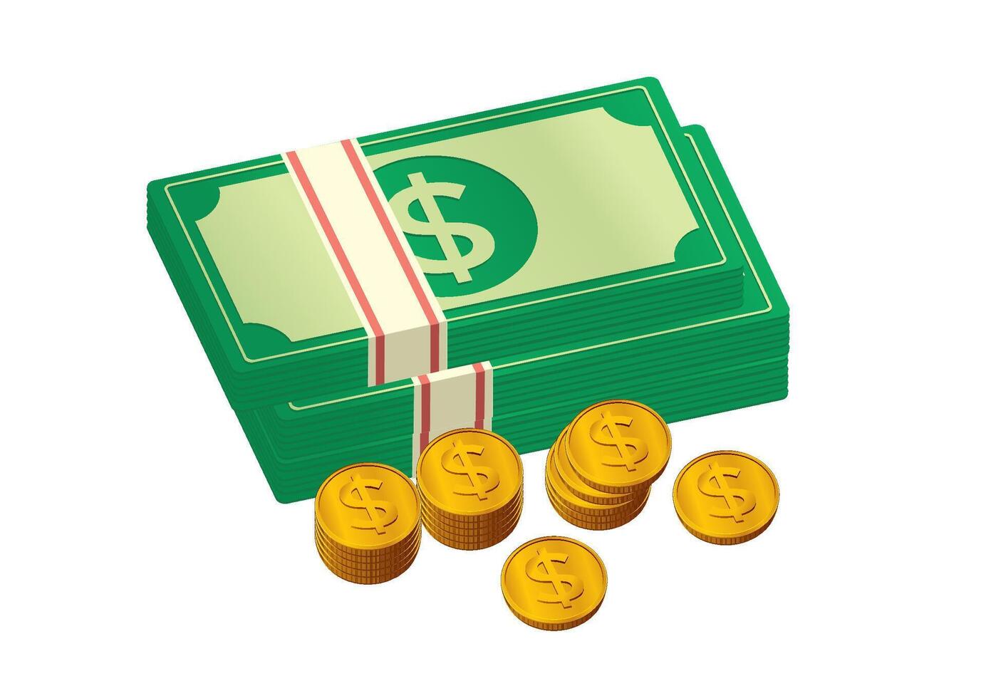 Illustration of stacked cash with golden coins representing wealth and financial success. Business concept vector