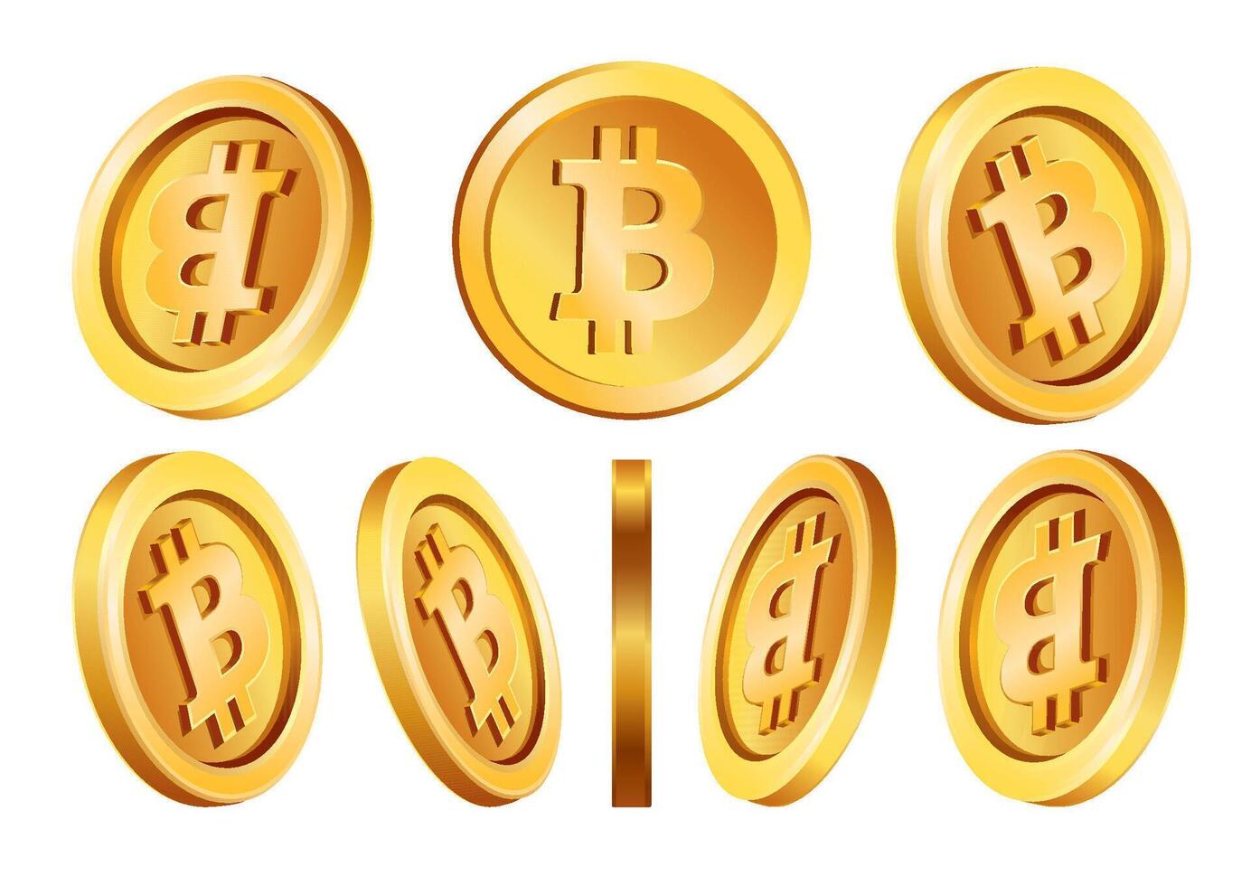 A diverse display of shiny Bitcoin coins presented from different angles to emphasize their 3D features and branding vector