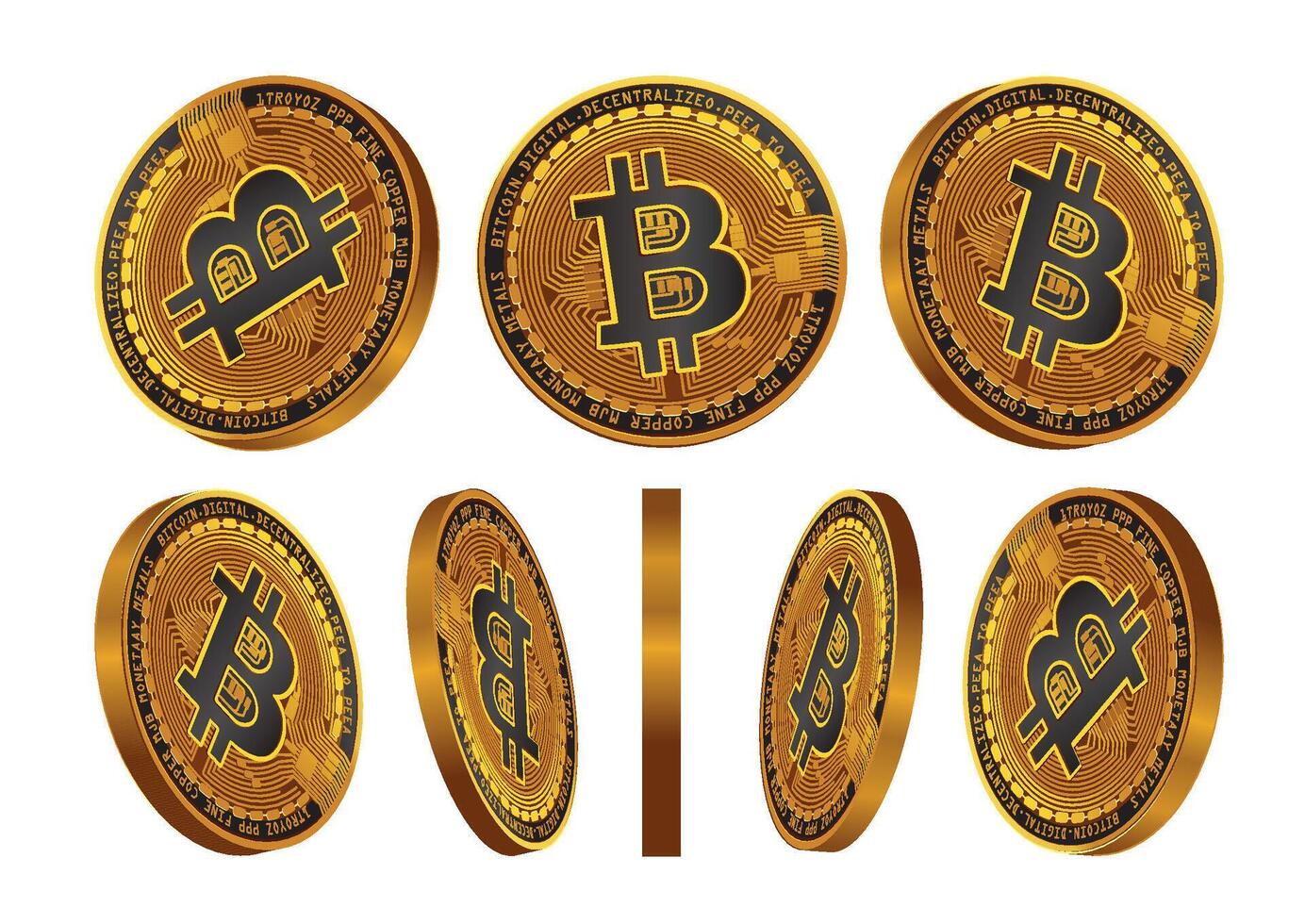Collection of Bitcoin coins shown in various orientations to highlight their detailed design and digital attributes vector