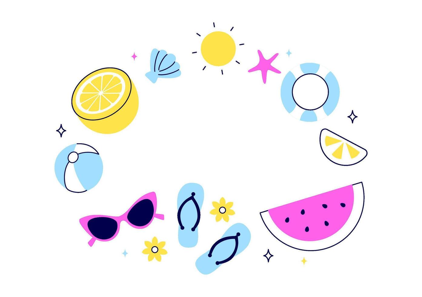 Summer Vacation Illustration with Cute Characters on the Beach, Ocean Waves, and Tropical Leaves in Flat Cartoon Style vector