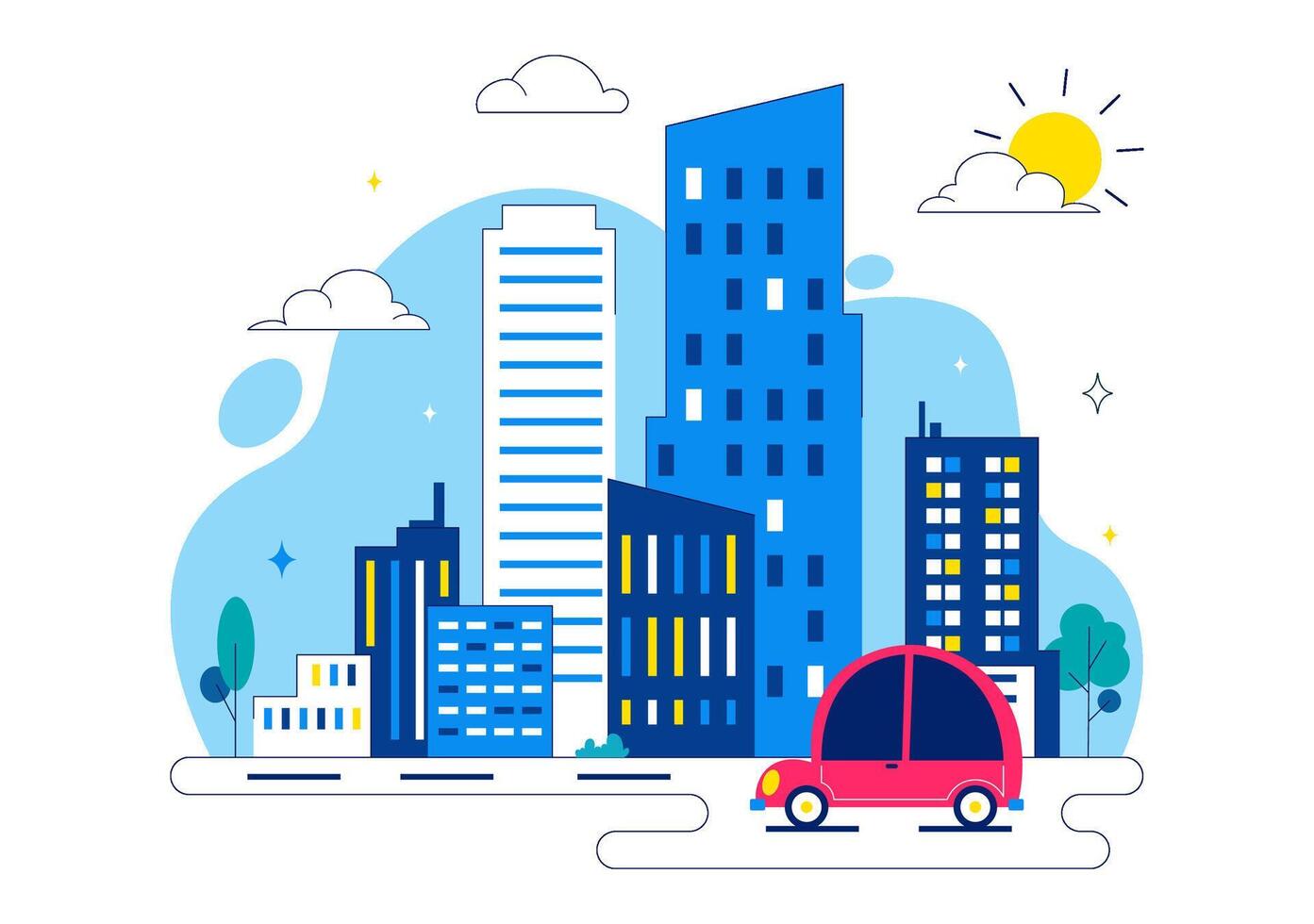 Flat Cartoon of Skyscraper Day with Modern City Buildings and Public Areas vector