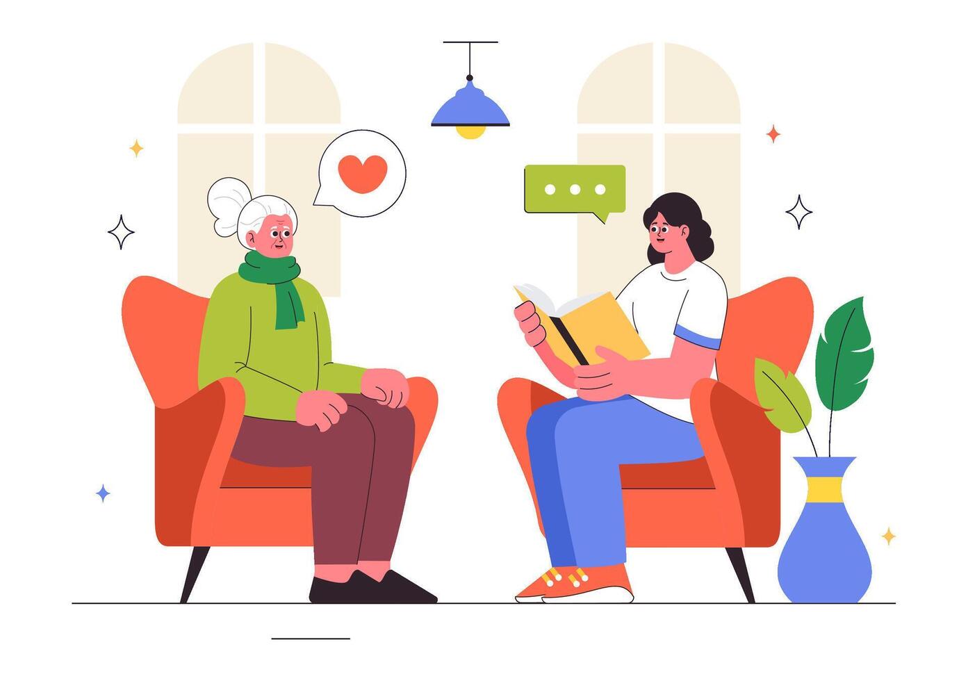 Two people discussing in comfortable chairs vector
