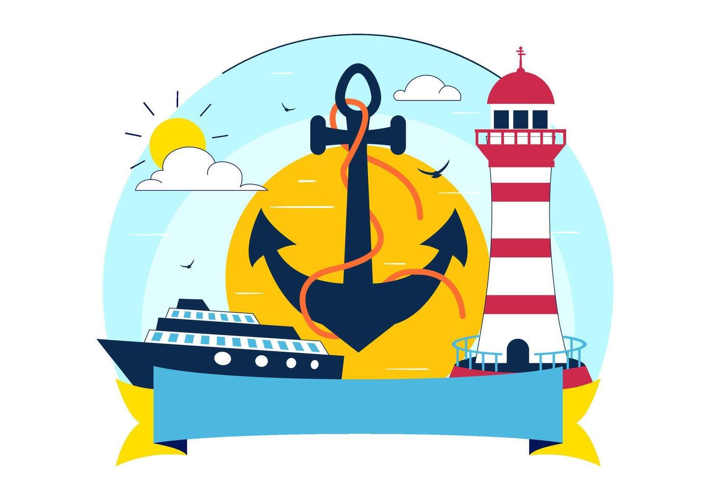 Maritime Environment Illustration Featuring Ships, Sea Life, and Nautical Symbols vector