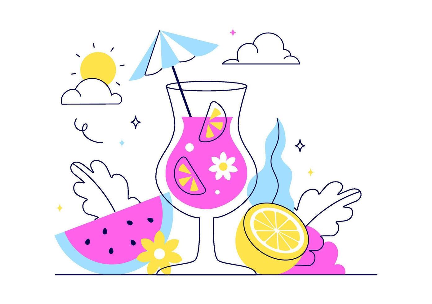 Cartoon Summer Scene with Sea Breeze, Sandy Beach, and Tropical Jungle Leaves in Cute Flat Design vector