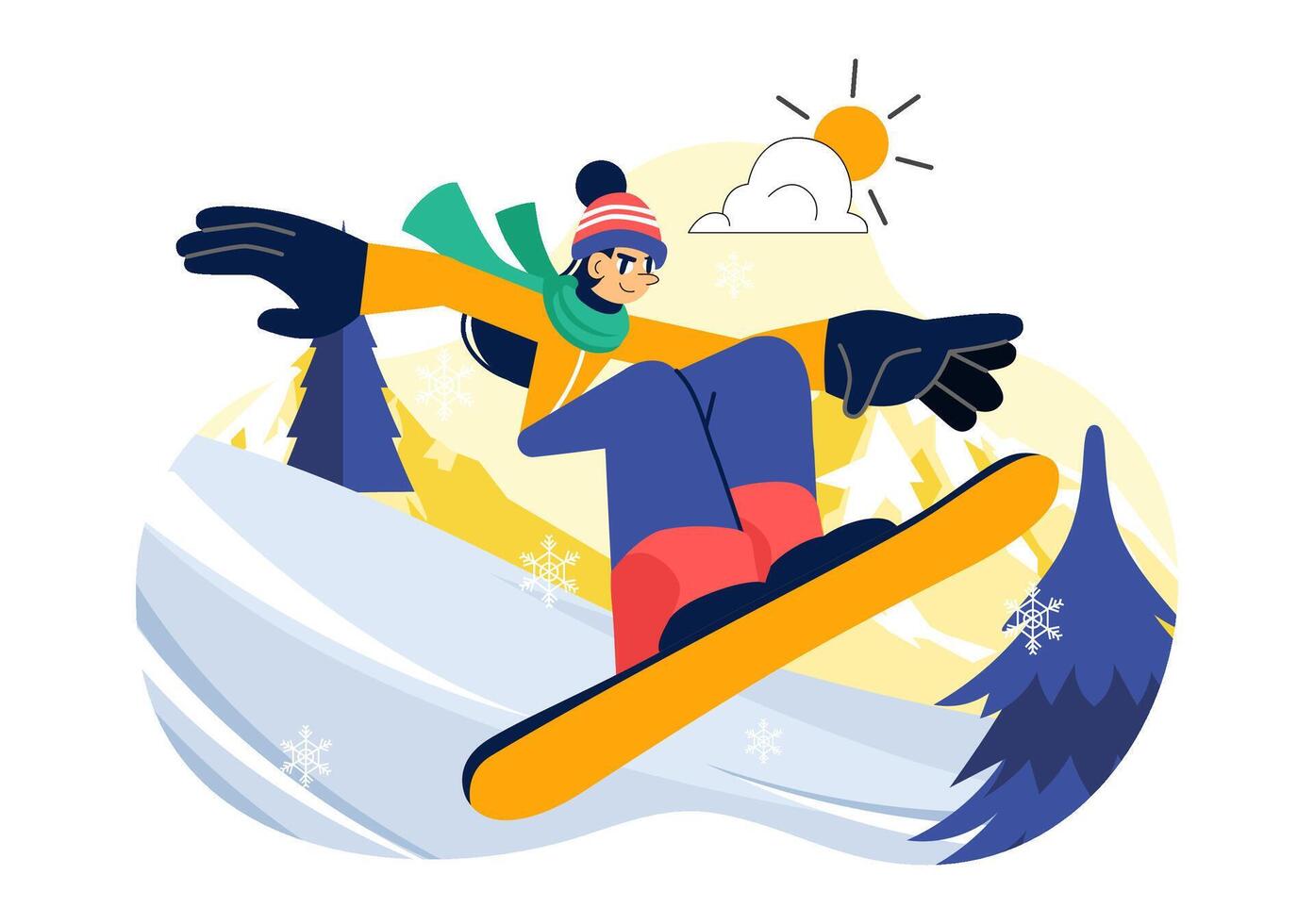 People Snowboarding on a White Mountain Landscape During Winter in a Flat Cartoon Style vector