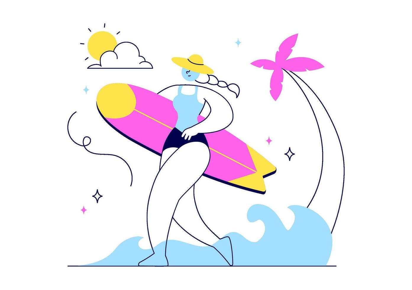 Beach Holiday Illustration with Sky, Palm Leaves, Sea, and Cute Characters Enjoying Summer in Flat Style vector
