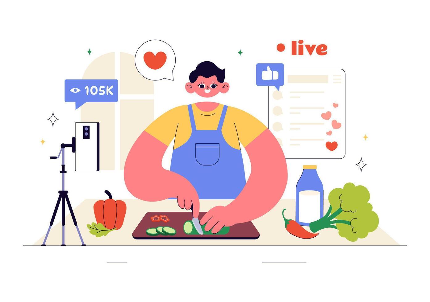 Home Cooking Vlog Scene with Youth Preparing Meals and Recording in Flat Style vector